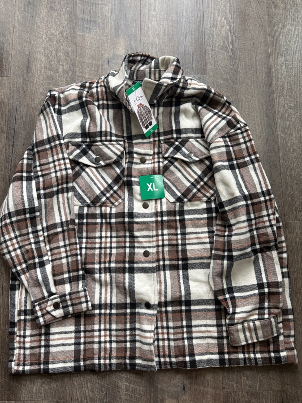 Plaid Button-Up Shacket in Cream, Brown & Black